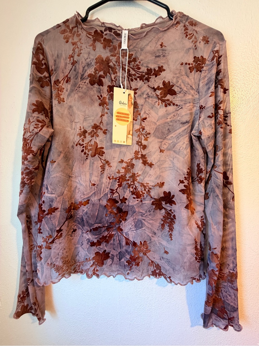 Dokotoo 🩵 Floral Burnout Long Sleeve Top - Dusty Mauve with Brown -